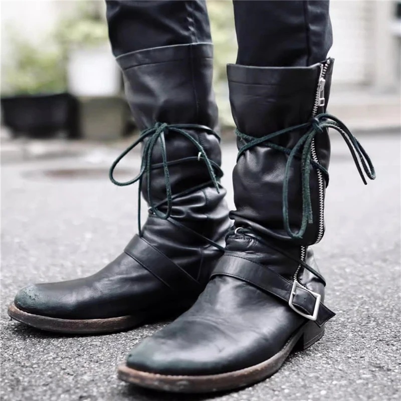 Botas de cavaleiro masculinas de couro macio preto estilo retrô alça cruzada zíper lateral botas de cano médio moda sapatos de cowboy ocidental
