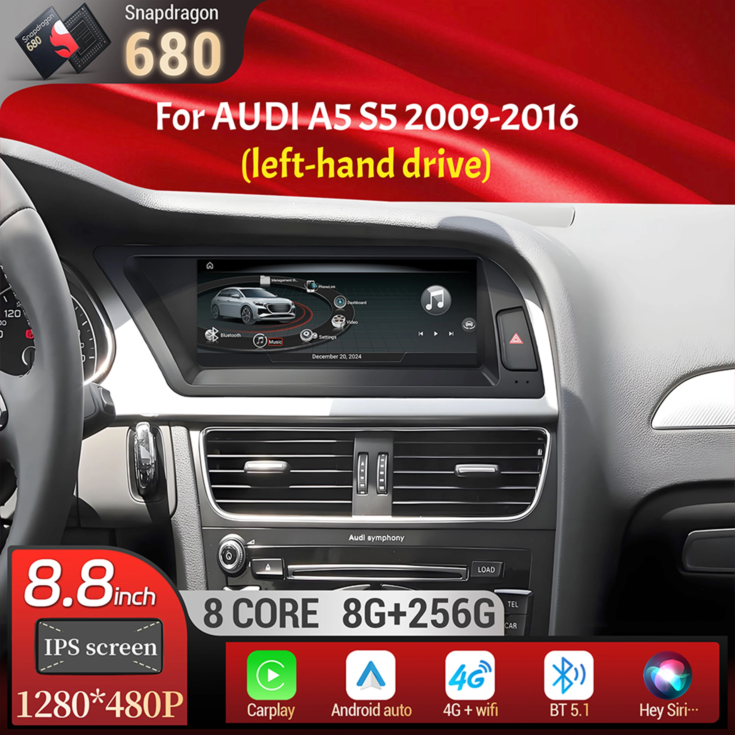 

8.8 inch Left Hand Drive Android 14 For Audi A5 S5 2009-2016 4G Wireless Bluetooth Carplay Qualcomm Snapdragon 680 Screen Stereo