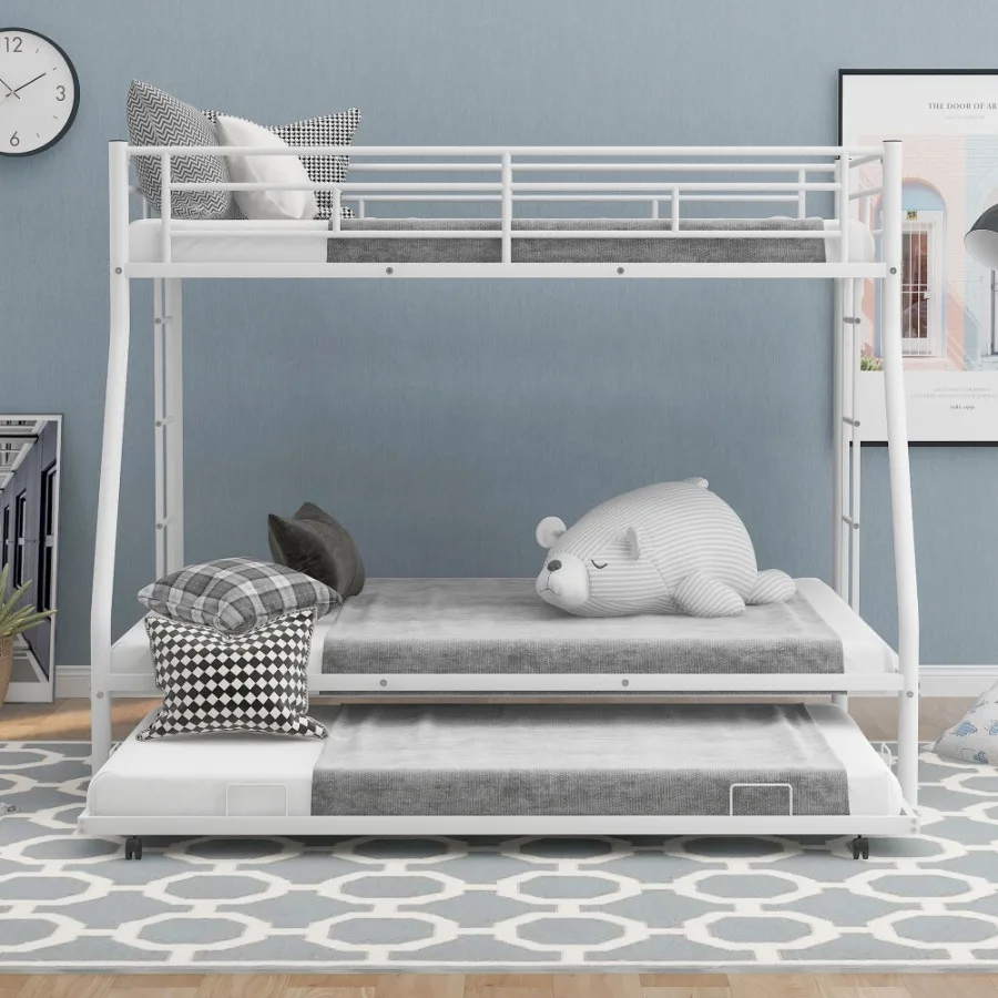 Twin over Full Bed with Sturdy Steel Frame Bunk Bed with Twin Size Trundle Two-Side Ladders White OLD SKU:MF194424AAK