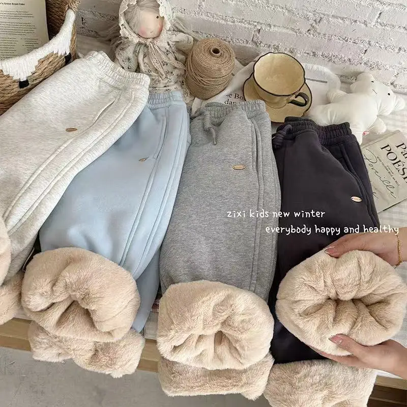 baby girls Thick-fabric padded cotton pants for autumn and winter casual wear soild color, wide-leg style outdoor snow pants