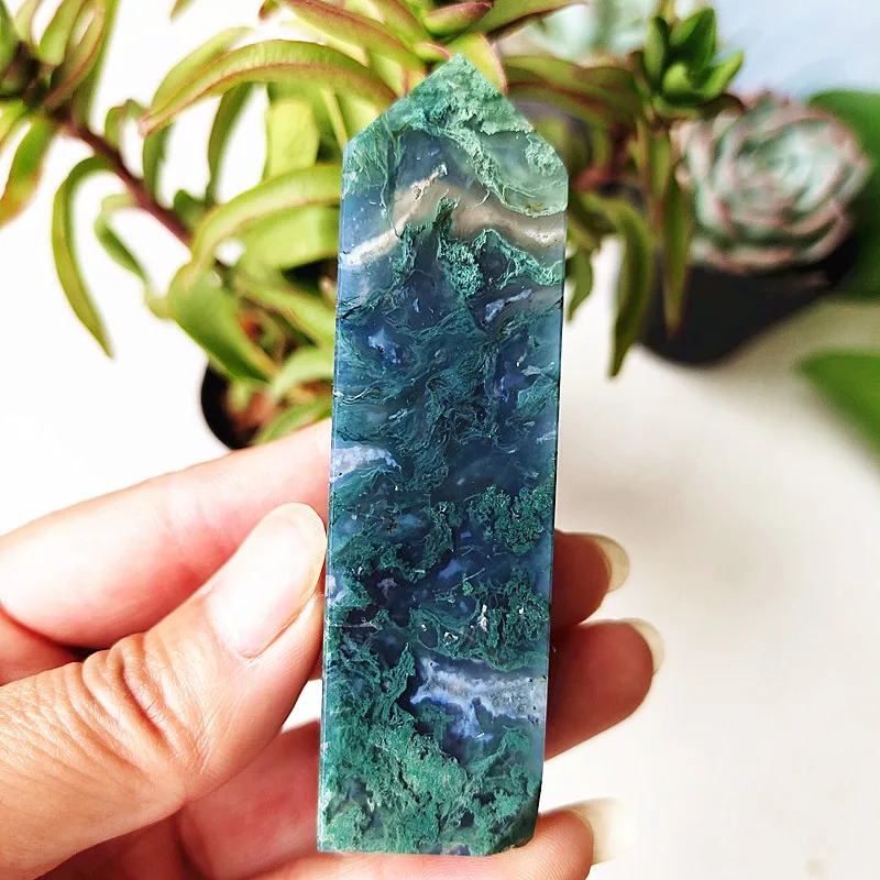 Natural Moss Agate Crystal Tower Wand Point Stone Obelisk Home Decoration Hexagonal Prisms Wicca