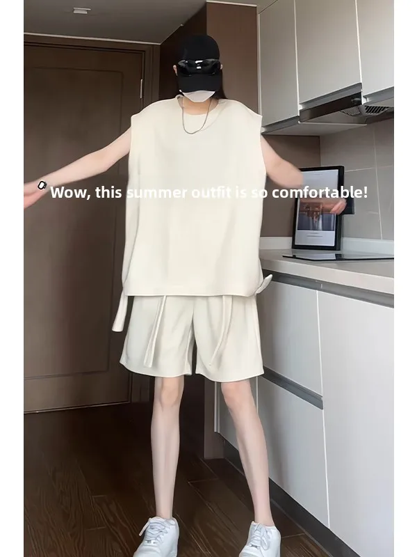 

Men's Summer Casual Sport Vest Shorts Set American High Street Style No Brand Polyester Fiber Teenagers Suitable