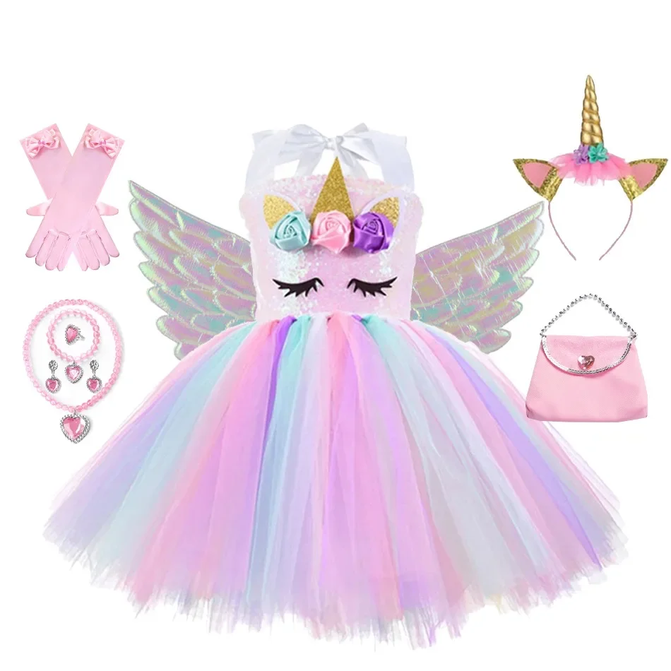 Princess Girls Unicorn Tutu Dress Outfits Pastel Flower Baby Girl Birthday Party Dresses Tulle Kids Halloween Cosplay Costumes