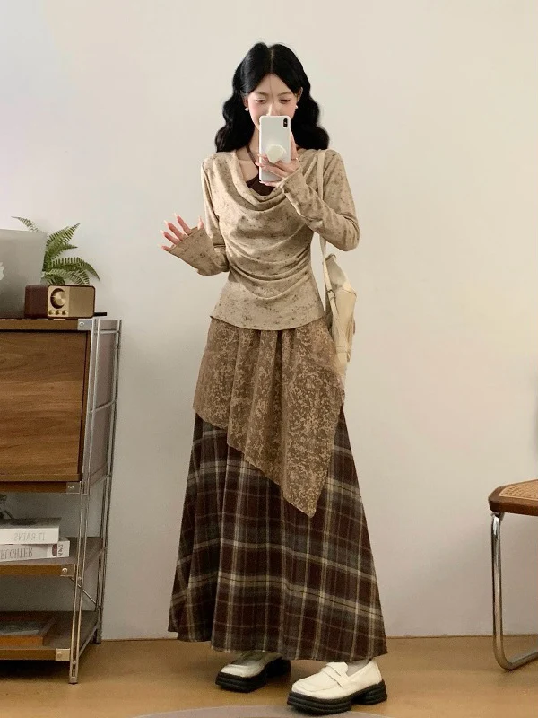 

plus Size Women's Fashion Set with Beautiful Neck Hanging Long Sleeve Midi Skirt Autumn Commute Style Casual Leisure Wear