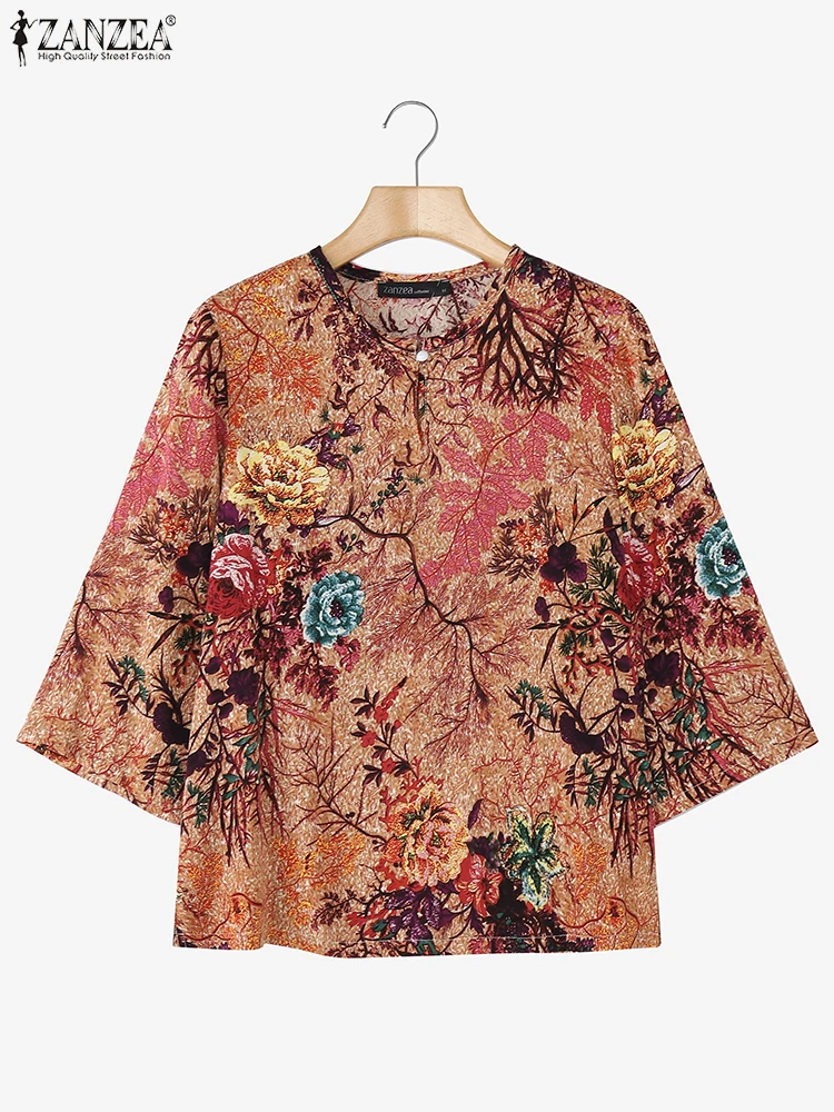 2025年秋プリントブラウス ZANZEA レトロホリデーシャツ レディース ボヘミアン Oネック 七分袖トップス カジュアルワークブラウス チュニック 女性用