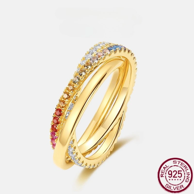 

New S925 Light Luxury Fashion Three Layer Interwoven Colorful Zirconium Set Rainbow Zirconium Ring Wedding Jewelry