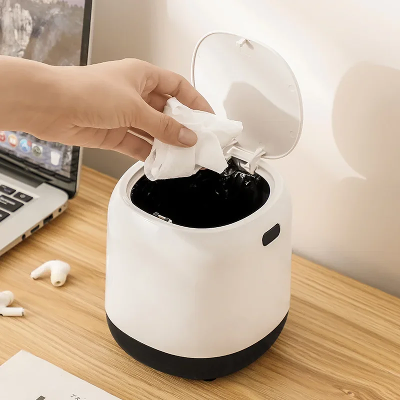 Mini Desktop Trash Can Press-type Office Simple Living Room Lid Small Paper Basket White Plastic Round Shape