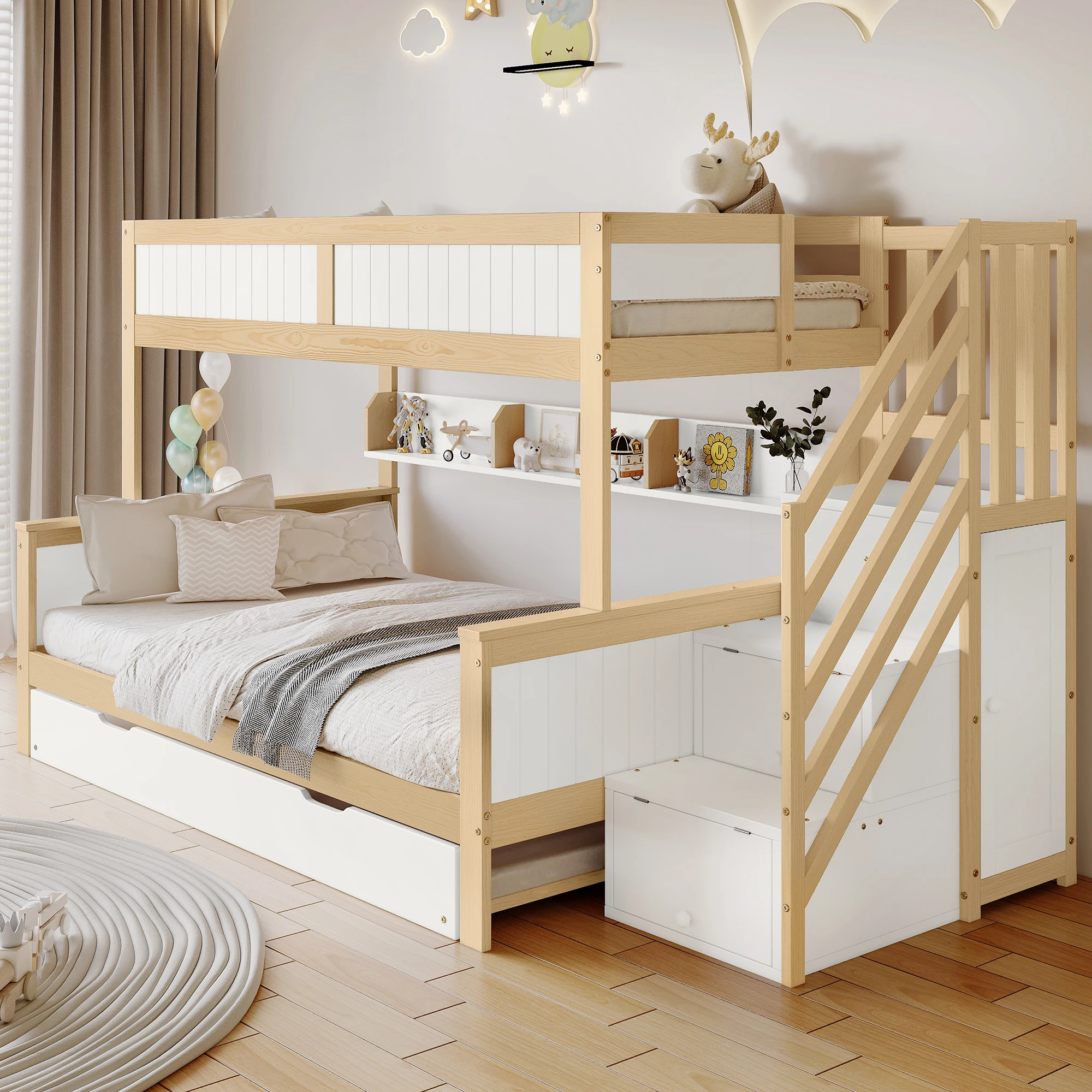 Bunk bed, children's bed, with crash fuse and railing, designed for three beds, White + natural color, 90x200 and 120x200 cm