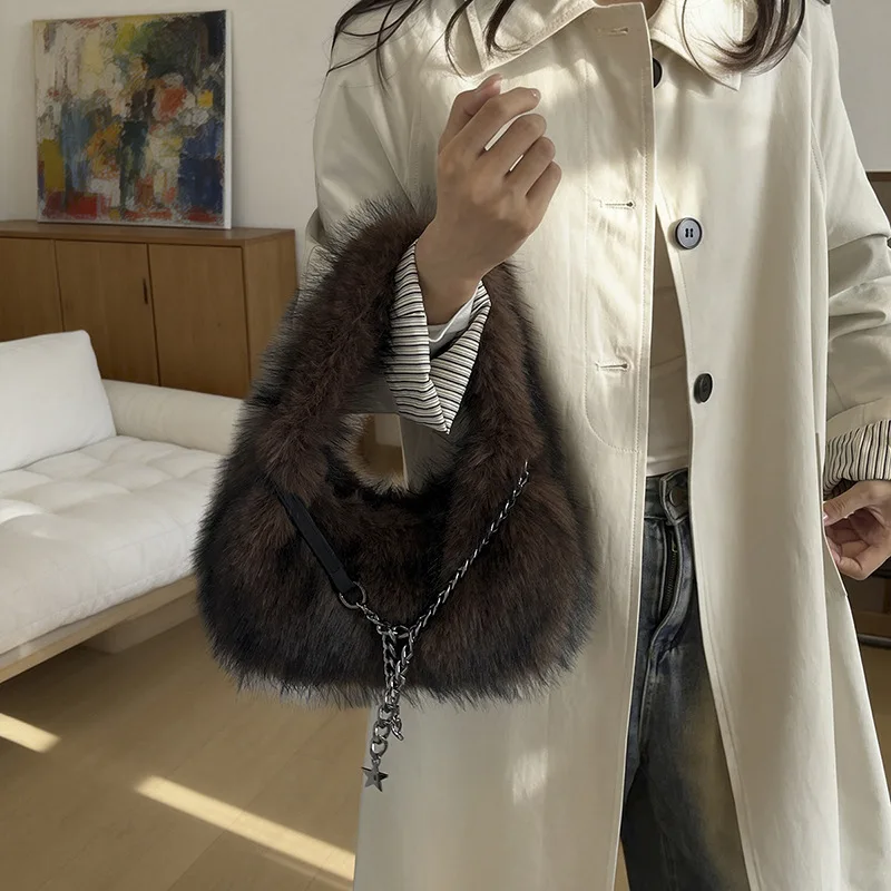 Korean Style Fake Fur Handbag Women New Trendy Chain Shoulder Underarm Bag Casual Fashion Imitation Fox Fur Dumpling Bag