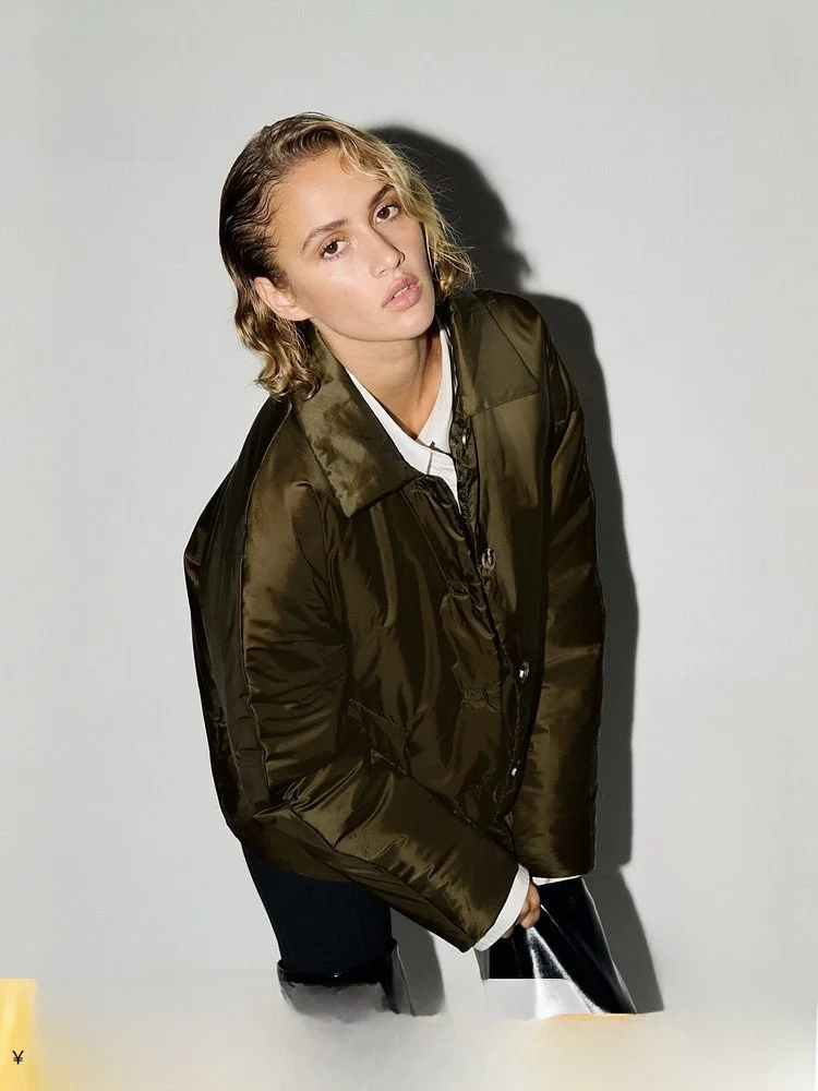 

H&M Women's Cotton Jaet Winter Glossy Woven Fabric Single Button Cotton Coat Outerwear Polyester Fiber 00%