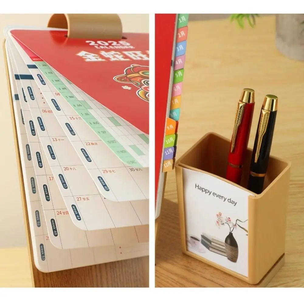 With Pen Holder 2025 Wooden Calendar DIY Calendar Pattern Loose-leaf Buckle Desk Calendar High Value Desktop Calendar Ornament