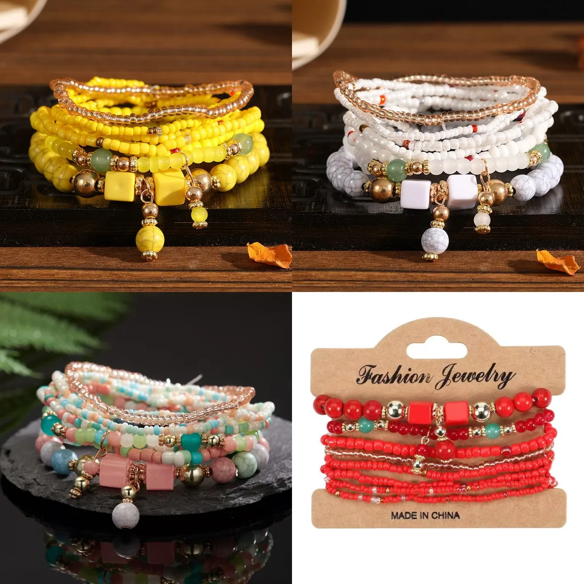 Boho Multilayer Bracelet Set for Women – 8-Piece Elastic Beaded Wristband Stackable Jewelry, Trendy Bohemian Hand Chain