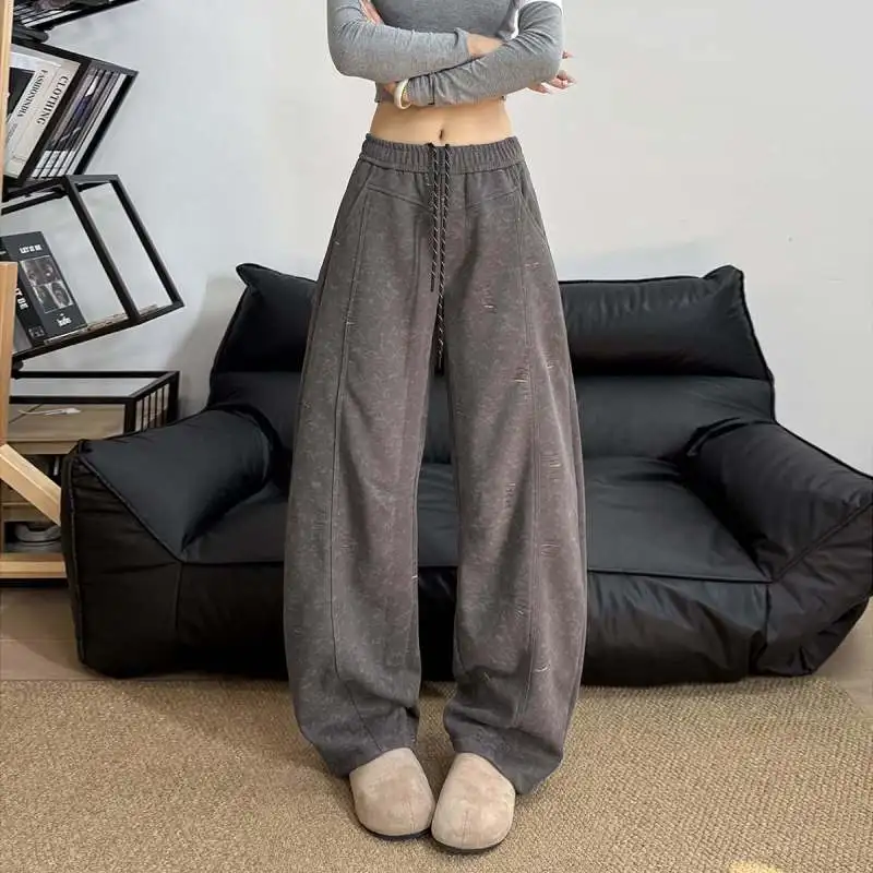 

Новинка 2025, осенние женские потертые мешковатые брюки большого размера серого цвета с завязками, широкие брюки Y2k, женские брюки
