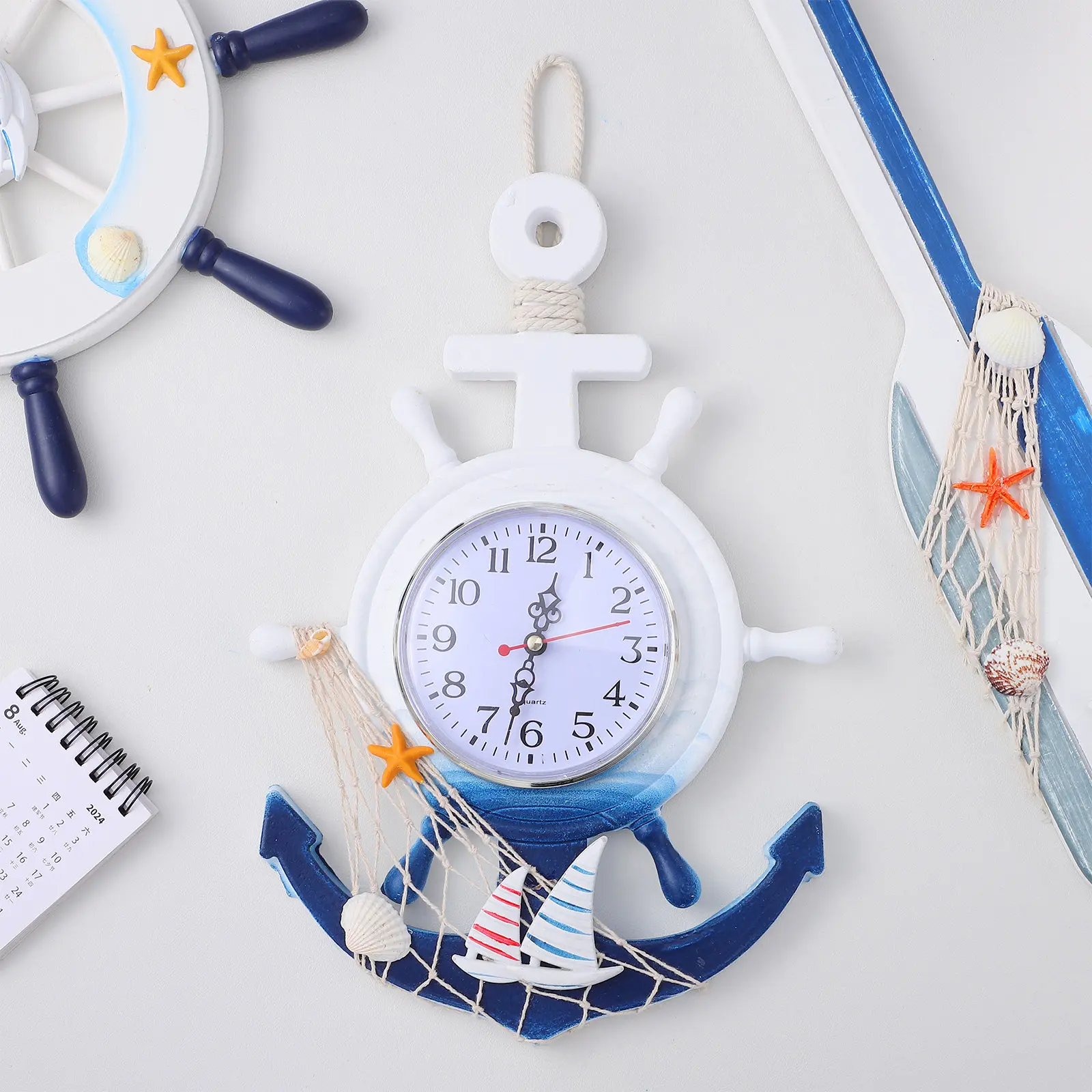 Wooden Plastic Boat Anchor Wall Clock Mediterranean Style Hanging Decorative Clear Mirror Surface for Home Living Room Bedroom