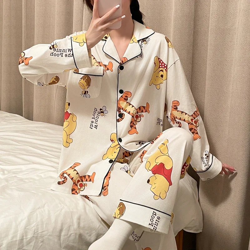 Disney Winnie the Pooh cotton pajamas autumn and autumn new cartoon long-sleeved loose with chest pad women\'s pajamas loungewear