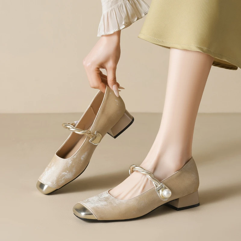 

Women Square Toe French Mary Jane Shoes New Chinese National Style Chunky Heel Shallow Mouth Elegant Flat Shoe Fashion Footwear