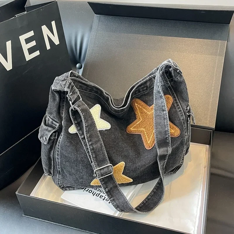 Denim Messenger Bag Female Star Pendant Washed Premium Large-capacity Shoulder Bag Lazy Wind Student Commuter Women\'s Bag