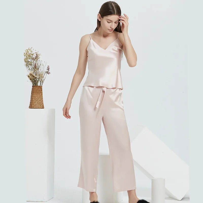 22MM Silk Pajamas Set 100% Mulberry Silk Sleeveless Cami Vest with Long Pants Trouser Set Sexy Lingerie Pyjamas Women Sleepwear