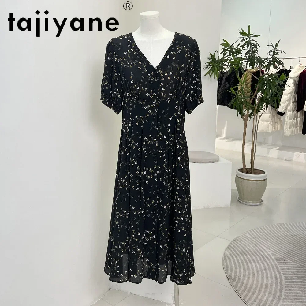 TAJIYANE 100% Mulberry Silk Dresses 2024 Women Elegant Vacation Long Dresses Summer Black Dress V-Neck Womans Clothing 여성여름원피스