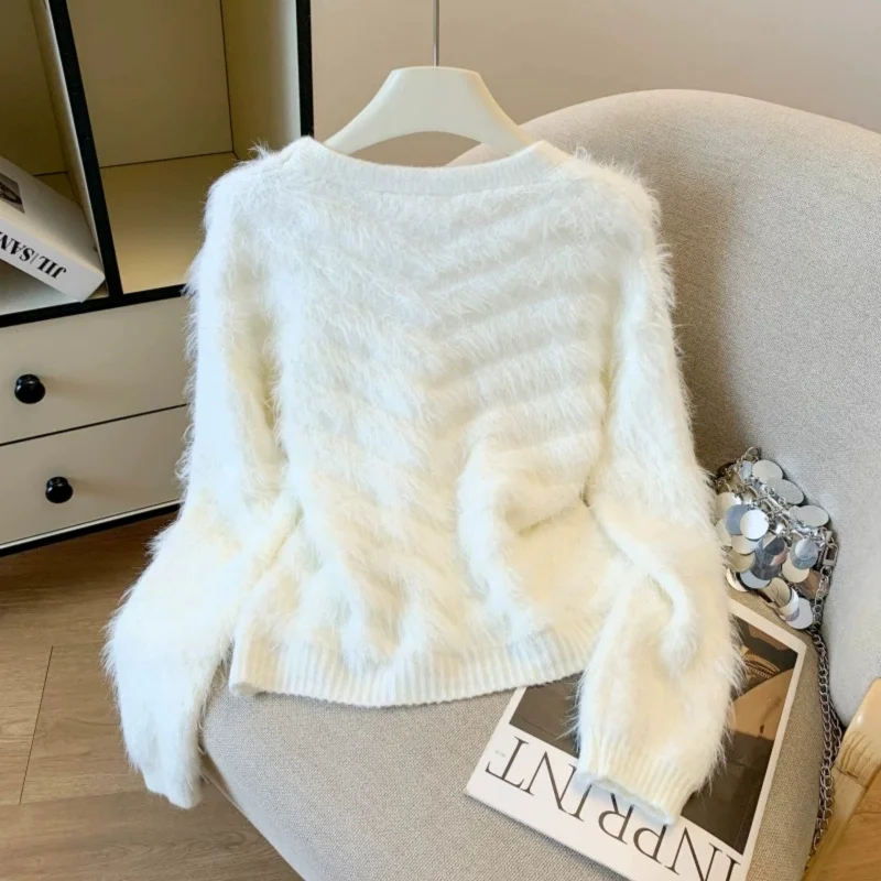 High-Quality Imitation Mink Cashmere Blue Knitted Cardigan Women Autumn V-Neck Single-Breasted Long Sleeve Ladies Short Knitwear