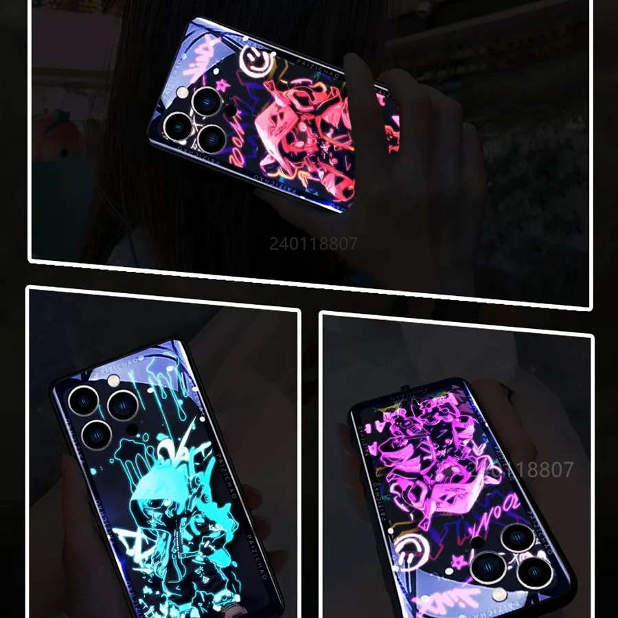 Casing Penutup Flash LED Diaktifkan Suara Anime untuk Samsung Galaxy S25 S24 S23 S22 Ultra Plus S21 S20 FE Penutup Belakang Kaca Bercahaya