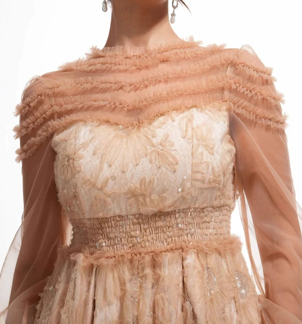 Abito francese in pizzo dolce, abito lungo con paillettes pesanti artigianali, maniche lunghe a fiori color kaki, vita alta e abito da sera alto-GZMM490