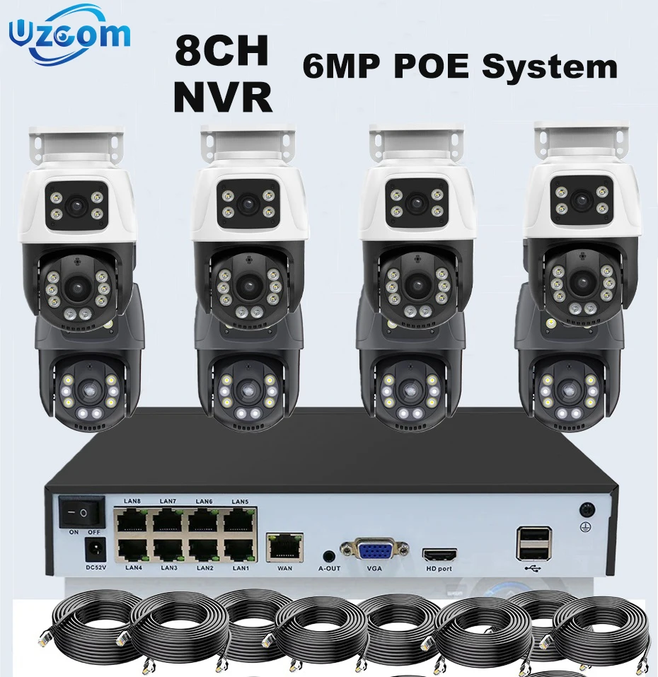 Uzoom 8CH 6MP POE NVR Kit Dual Lens PTZ 2-Way Audio H.265 IP Security Camera System for Outdoor Video Surveillance XMeye