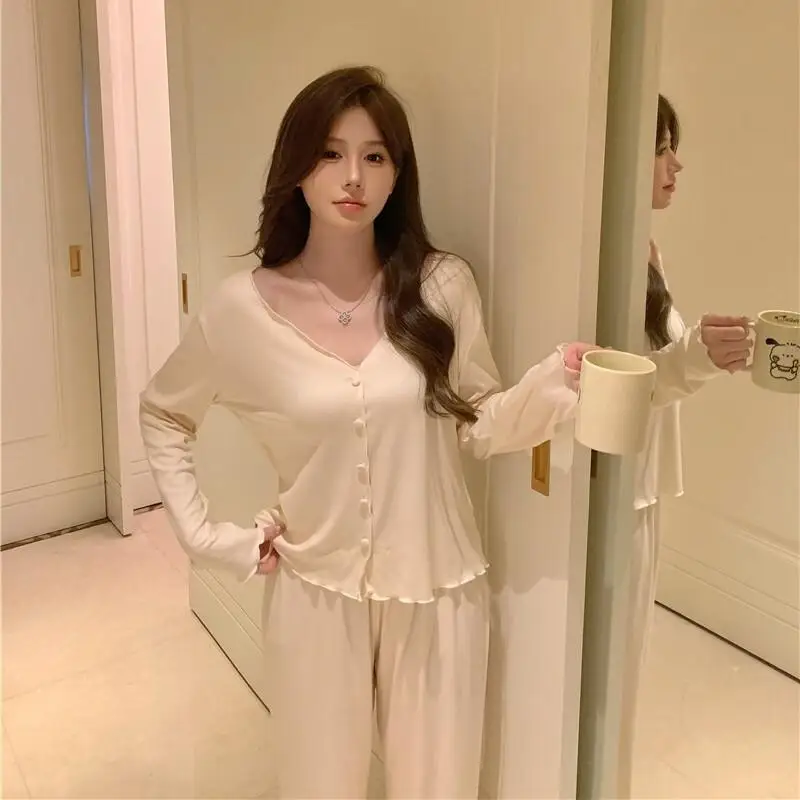 

Pajama Set Comfortable Sleepwear Womens Pajamas Comfortable V-Neck Long Sleeve Pants Set Homewear Cute spring summer and autumn