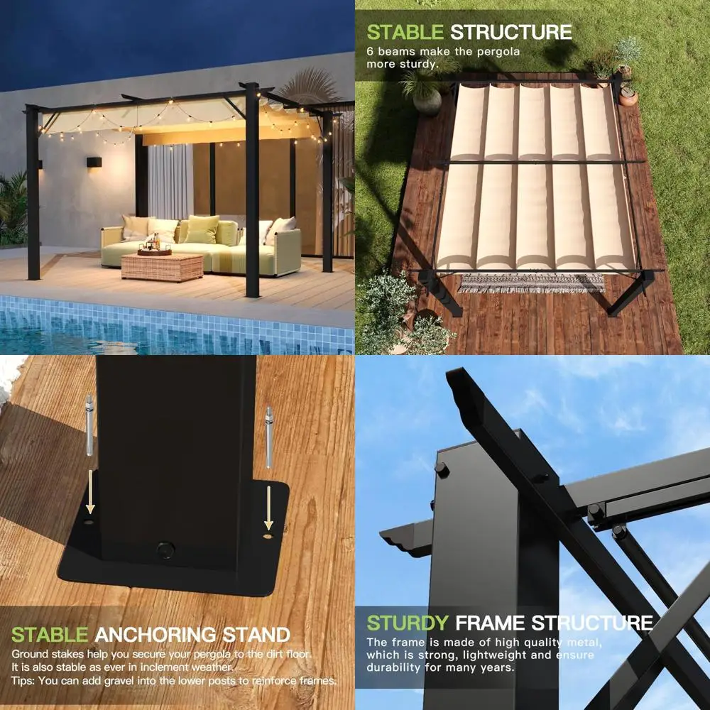 

Heavy-Duty Outdoor Pergola with Retractable Canopy, 10x12 Patio Metal Shelter for Sun Shade Protection