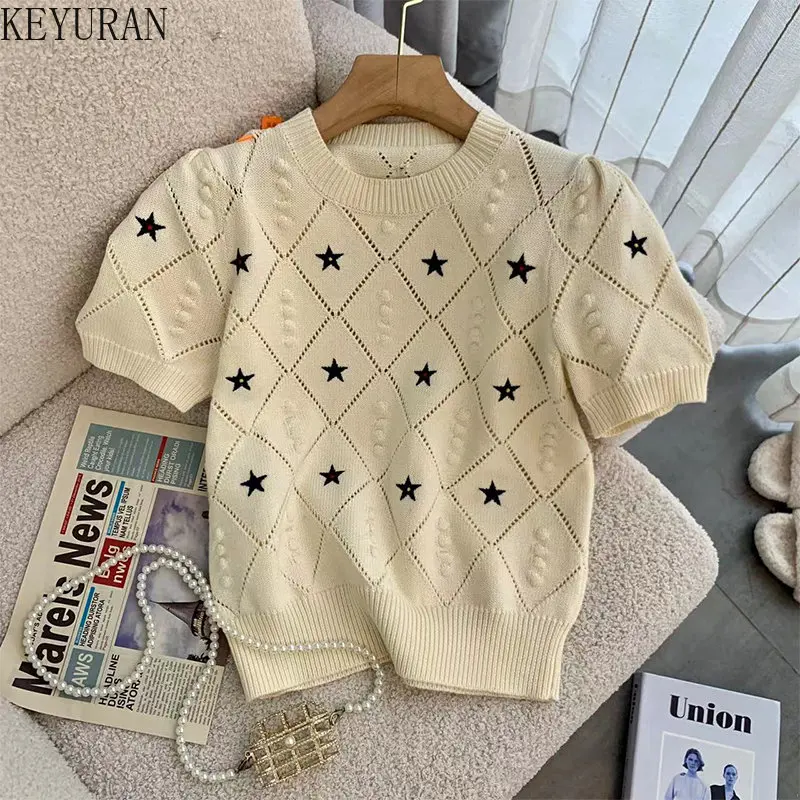 Star Embroidery Hollow-out Short Sleeve Sweater Women\'s Knitted T-Shirts Summer 2023 New Vintage O-Neck Knitwear Crop Tops Tees