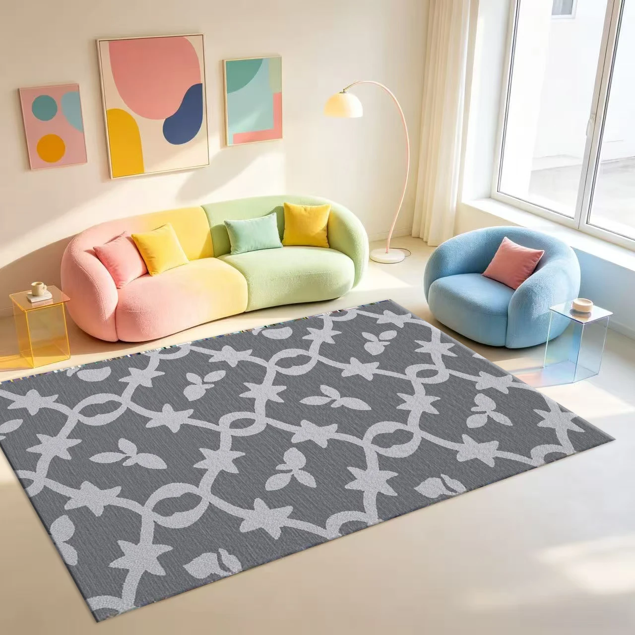 Gray Star-Shaped Vine Floral Pattern Carpet Floor Mat Simple Minimalist Home Interior Floor Carpet