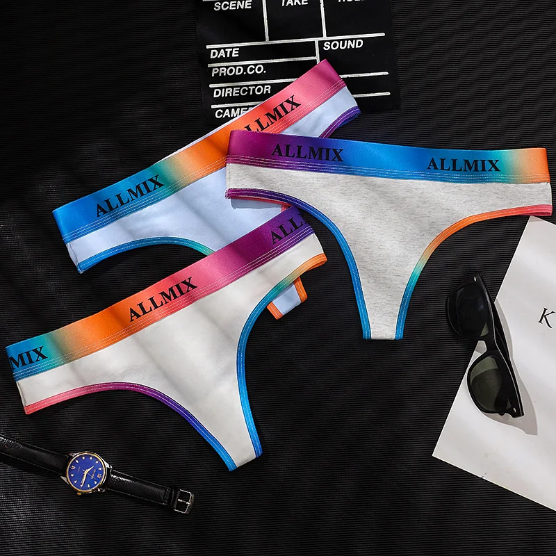 SP&CITY Sports Gradual Rainbow Letter Cotton Thongs Sexy Underwear Women\'s Low Waist Traceless Fitness Panties Seamless Briefs