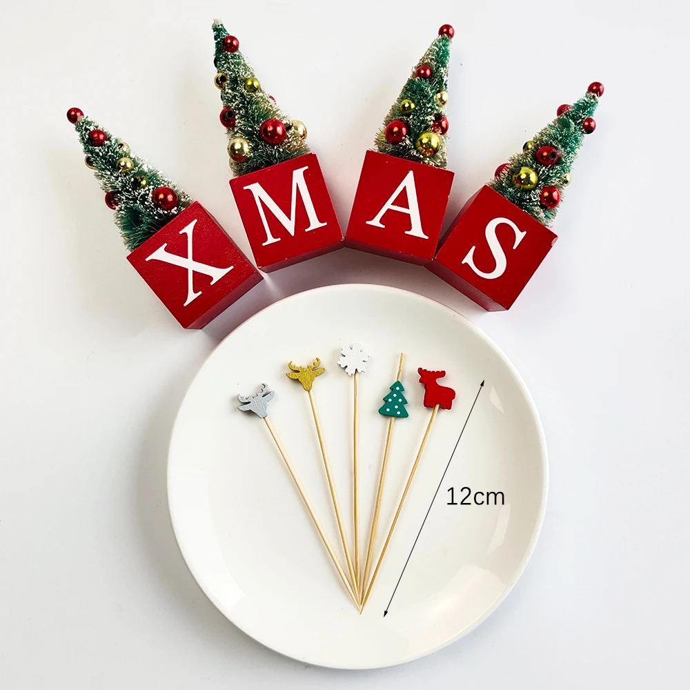 Christmas Decorations Xmas Tree Bamboo Pick Buffet Fruit Fork Party Dessert Stick Cocktail Skewer Disposable Toothpick 50Pcs