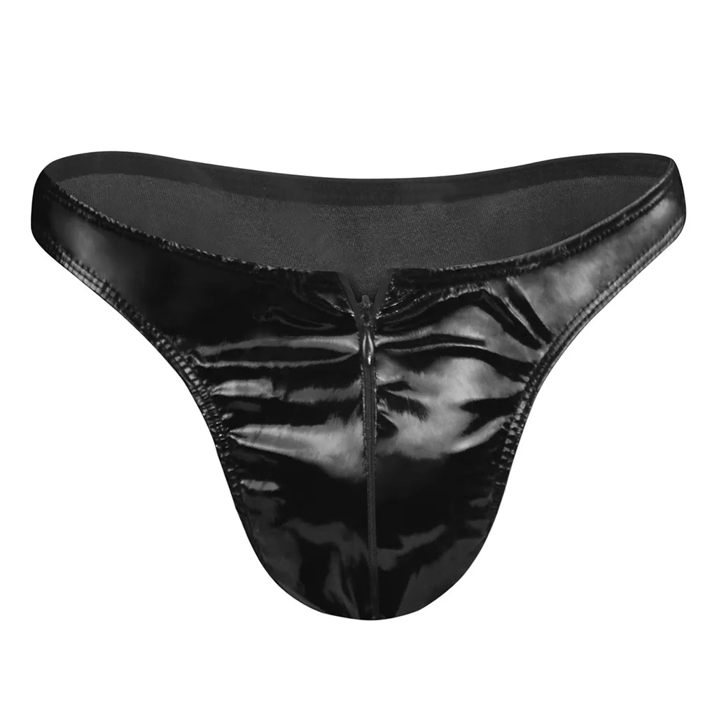 

Men's Low-Rise Faux Leather Zipper Thong, Shiny Patent Leather Erotic G-String