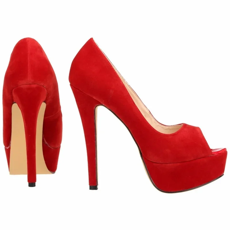 Zapatos de tacón alto de aguja para mujer, calzado Sexy de terciopelo con punta abierta, Plataforma para fiesta de noche, boda, oficina, color rojo