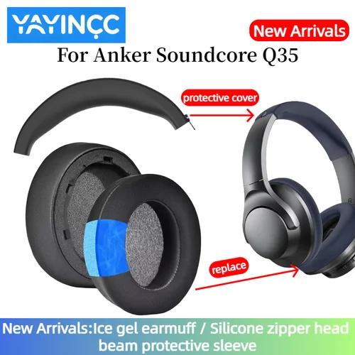 Almohadillas de repuesto YAYINCC de Gel refrescante/almohadillas de espuma viscoelástica de cuero para auriculares para juegos Anker Soundcore Life Q35 con hebilla de plástico