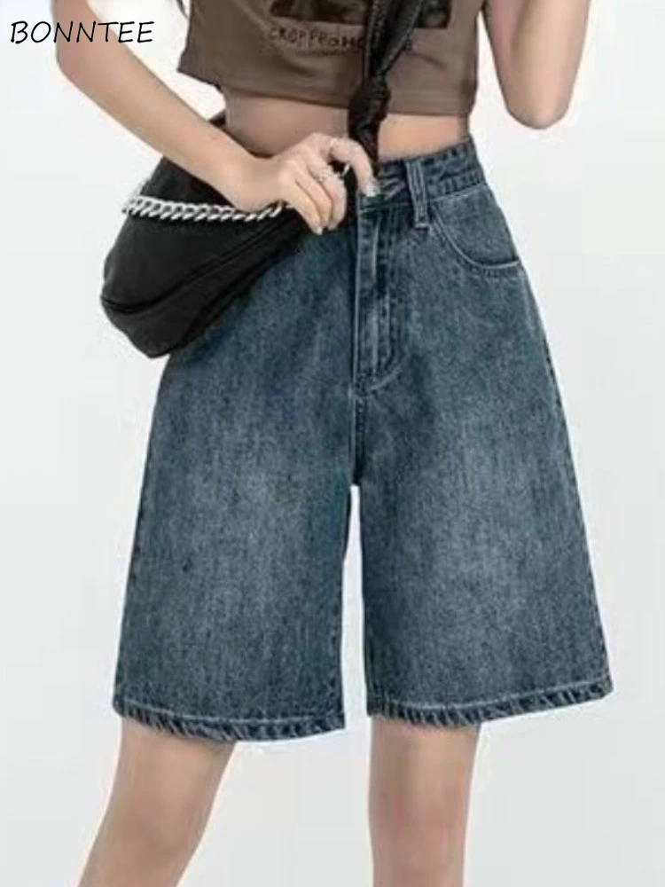 

Shorts Women Vintage All-match Simple Solid Fashion Denim Designed Korean Style High Waist Ladies Daily Casual Retro Summer New