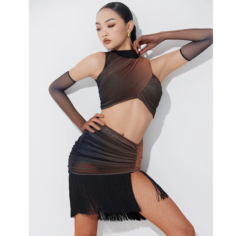 Ropa de competición de baile latino para mujer, Top de cuello alto con borla, traje de falda, Chacha, Samba, ropa de baile latino, 2024