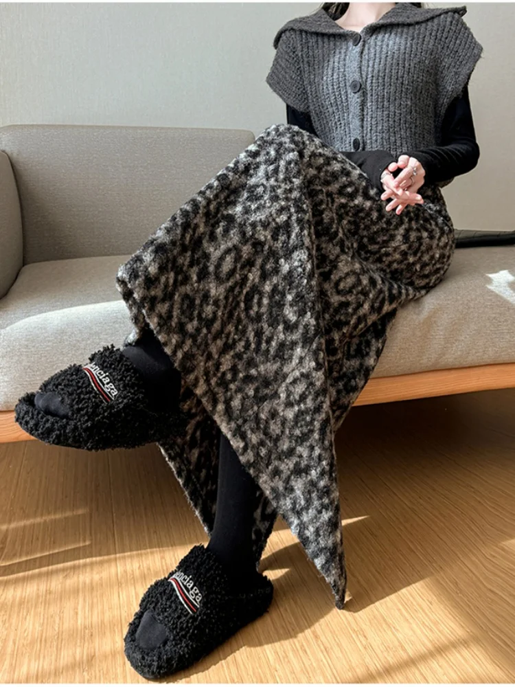 جديد الشتاء الرجعية ليوبارد طباعة سميكة ميدي تنورة للنساء عالية الخصر التخسيس سبليت المألوف الصوف مستقيم ألف خط تنورة #4