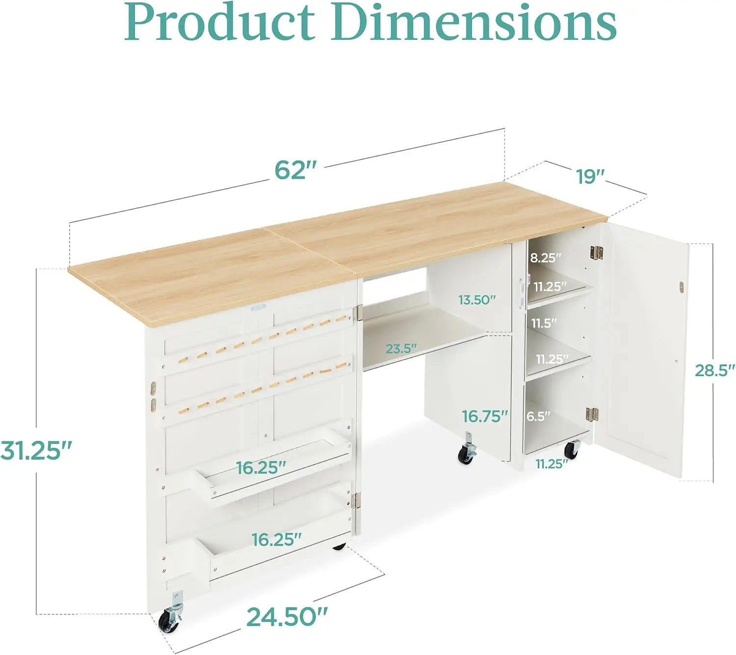 Large Folding Sewing Table, Multipurpose Portable Craft Station & Side Desk w/Compact Design, Caster Wheels, Storage Shelves