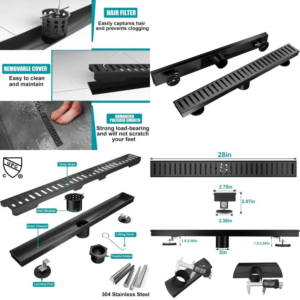 24 Inch Linear Shower Drain with Removable Stainless Steel Cover and Accessories, CUPC Certified
