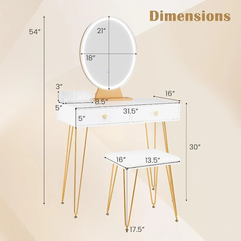 Makeup Vanity Table with Lighted Mirror, 3 Lighting Sets, Adjustable Brightness, 2 Large Drawers, Acrylic Storage Boxes