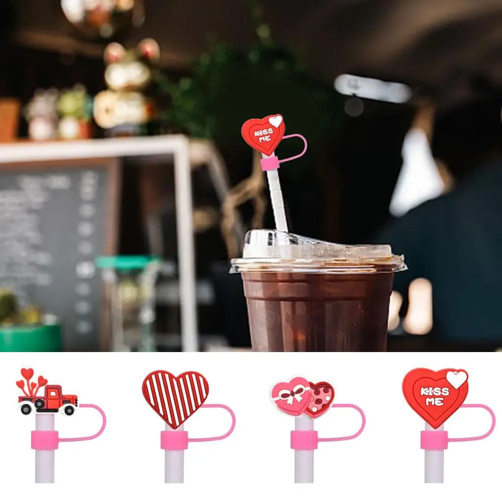 Pink Heart Shape Straw Covers Cap For 7mm-8mm Cap Lovely Straw Topper Reusable Dust-proof Splash Proof Drinking Dust Cap H5r8