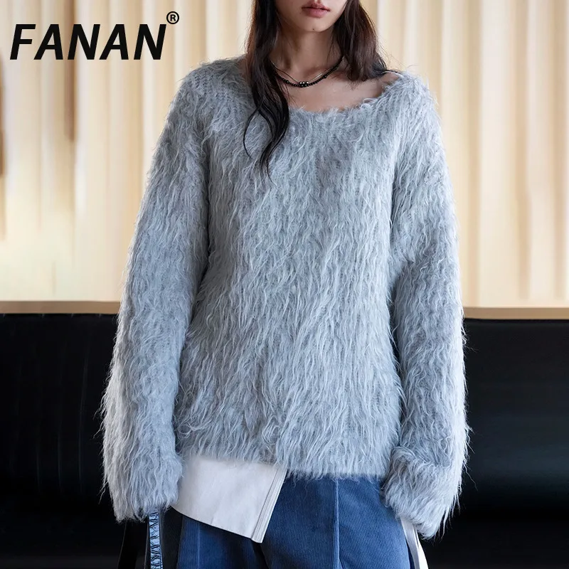 FANAN Women Fluffy Shaggy Knit Sweater Off Shoulder Loose Oversized Long Sleeve Pullover Casual Warm Fuzzy Jumper Autumn Winter