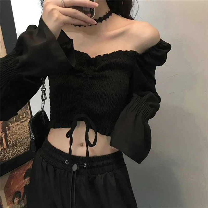 Cropped Slash Neck Shirts Women Streetwear Black Shirring Long Sleeve Blouses Summer Korean Elegant Sexy Off Shoulder Crop Tops