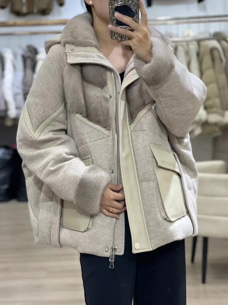 Fashion Women Winter Cashmere Wool Goose Down Jacket Natural Real Mink Fur Collar Long Thick Female Outwear Coat Puffer Jackets