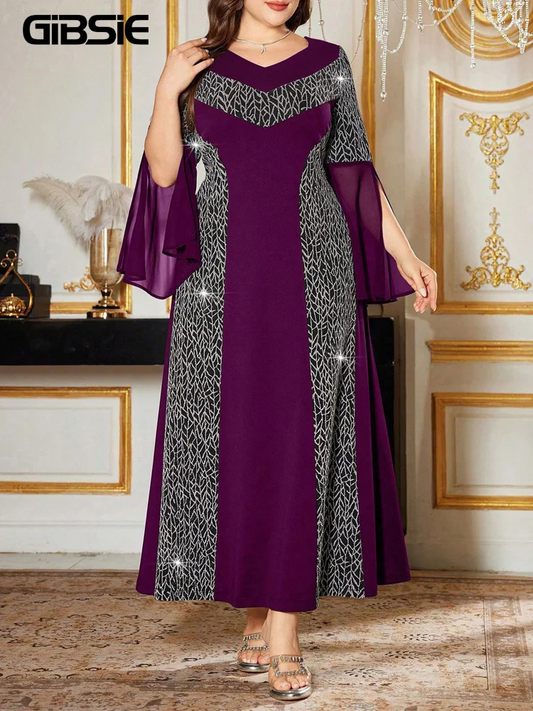 

GIBSIE Plus Size Elegant V-Neck Long Sleeve Slit Patchwork Dress Women Spring 2026 Fashion Slim Evening Party Long Dresses