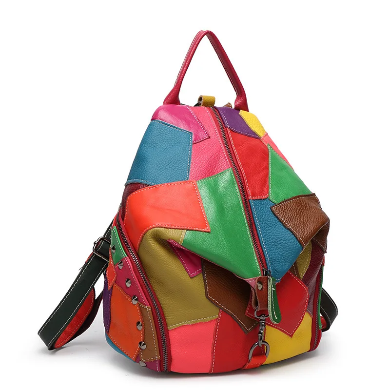 Imagem -03 - Genuíno Couro de Couro Patchwork Mochila para Mulheres Macio Colorido Grande Capacidade Rua Bolsas de Viagem para Meninas