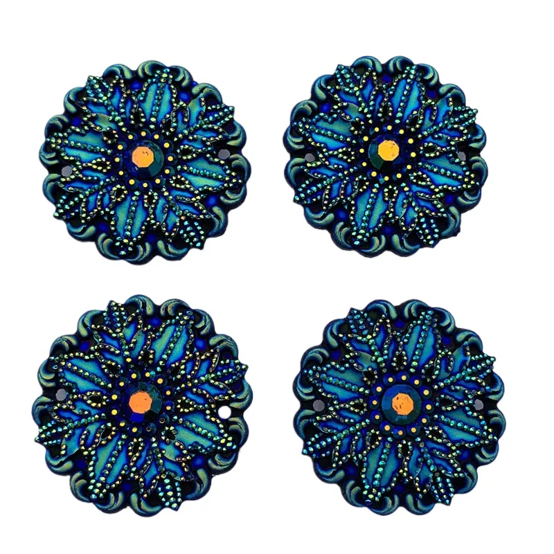 4pcs Round & Flower Powwow Flat Back Resin Rhinestone Stones and black AB Gems For DIY Costume Button Crafts 35mm -S03