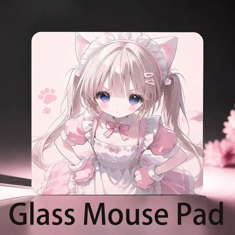Cute Pink Cat‑Ear Lolita Girl Glass Mouse Pad Large Custom Frosted Surface Desk Mat Tempered FPS Office Pad Gaming Accessories